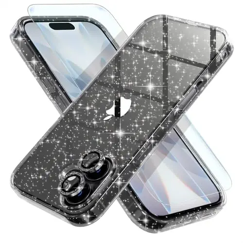 Choiche Compatible for iPhone 17 Case, Women Cute Clear Glitter Bling Sparkly Case, [2 x Diamond Camera Lens Protectors] [2 x Tempered Glass Screen Protectors] 6.3-inch (Glitter Black) - 1