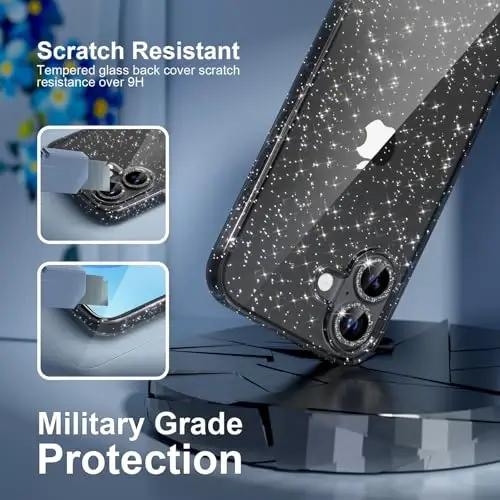 Choiche Compatible for iPhone 17 Case, Women Cute Clear Glitter Bling Sparkly Case, [2 x Diamond Camera Lens Protectors] [2 x Tempered Glass Screen Protectors] 6.3-inch (Glitter Black) - 6