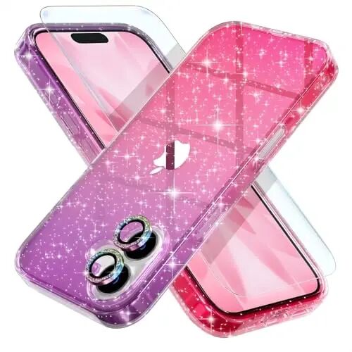 Choiche Compatible for iPhone 17 Case, Women Cute Clear Glitter Bling Sparkly Case, [2 x Diamond Camera Lens Protectors] [2 x Tempered Glass Screen Protectors] 6.3-inch (Glitter Purple/Pink) 