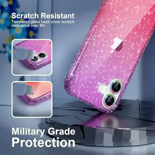 Choiche Compatible for iPhone 17 Case, Women Cute Clear Glitter Bling Sparkly Case, [2 x Diamond Camera Lens Protectors] [2 x Tempered Glass Screen Protectors] 6.3-inch (Glitter Purple/Pink) - 6