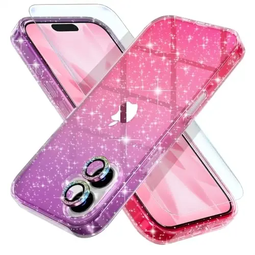 Choiche Compatible for iPhone 17 Case, Women Cute Clear Glitter Bling Sparkly Case, [2 x Diamond Camera Lens Protectors] [2 x Tempered Glass Screen Protectors] 6.3-inch (Glitter Purple/Pink) 