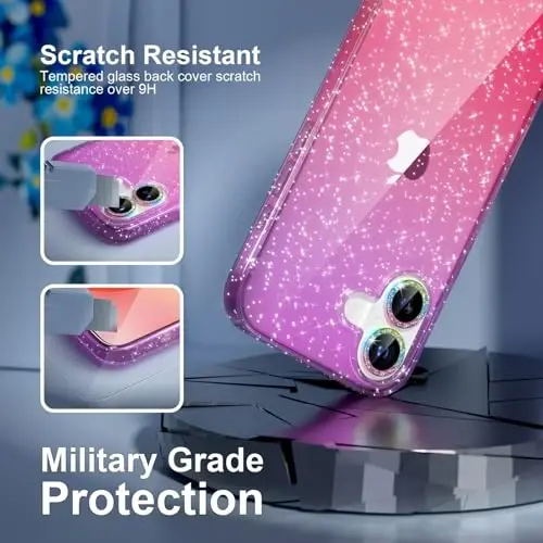 Choiche Compatible for iPhone 17 Case, Women Cute Clear Glitter Bling Sparkly Case, [2 x Diamond Camera Lens Protectors] [2 x Tempered Glass Screen Protectors] 6.3-inch (Glitter Purple/Pink) - 6