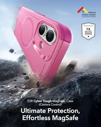 ESR for iPhone 17 Case, 7X Military-Grade Drop Protection, Shock-Absorbing Rugged Cover with Camera Control Button, MagSafe Accessories Compatible, Cyber Series, Rosy Pink - 3