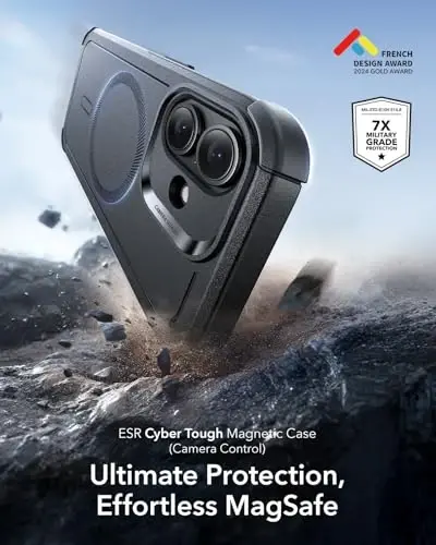 ESR for iPhone 17 Case, 7X Military-Grade Drop Protection, Shock-Absorbing Rugged Cover with Camera Control Button, MagSafe Accessories Compatible, Cyber Series, Black - 3