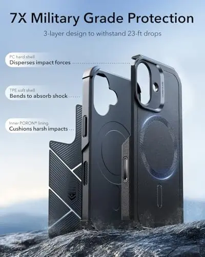ESR for iPhone 17 Case, 7X Military-Grade Drop Protection, Shock-Absorbing Rugged Cover with Camera Control Button, MagSafe Accessories Compatible, Cyber Series, Black - 5