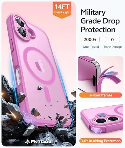 FNTCASE for iPhone 17 Case, Compatible with Magsafe, Glass Screen Protector | Full Camera Protection, Translucent Matte, 14FT Military Grade Drop Proof, Shockproof Protective Phone Cover, Pink - 5