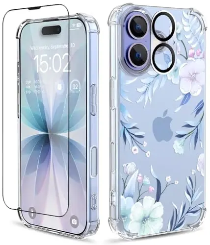 iPhone 17 Kılıfı için ilnehc, [3'ü 1 arada] Ekran Koruyucu ve Kamera Merceği Koruyucu ile, Çiçek Desenli Tasarım, Kadınlar ve Kızlar İçin Şeffaf Yumuşak Darbeye Dayanıklı İnce Çiçekli Telefon Kılıfı 2025 6.3