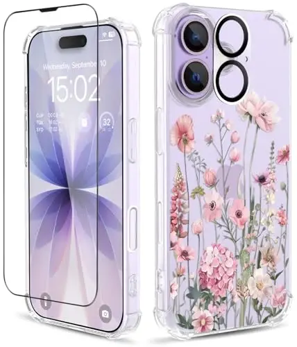 iPhone 17 Kılıfı için ilnehc, [3'ü 1 arada] Ekran Koruyucu ve Kamera Merceği Koruyuculu, Çiçek Desenli Tasarım, Kadınlar ve Kız Çocukları İçin Şeffaf Yumuşak Darbeye Dayanıklı İnce Çiçekli Telefon Kılıfı 2025 6.3