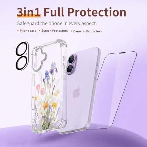 iPhone 17 Kılıfı için ilnehc, [3'ü 1 arada] Ekran Koruyucu ve Kamera Merceği Koruyuculu, Çiçek Desenli Tasarım, Kadınlar ve Kız Çocukları için Şeffaf Yumuşak Darbeye Dayanıklı İnce Çiçekli Telefon Kılıfı 2025 6.3