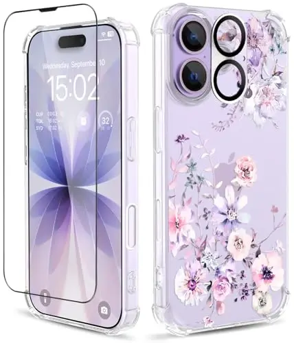 iPhone 17 Kılıfı için ilnehc, [3'ü 1 Arada] Ekran Koruyucu ve Kamera Merceği Koruyuculu, Çiçek Desenli Tasarım, Kadınlar ve Kızlar için Şeffaf Yumuşak Darbeye Dayanıklı İnce Çiçekli Telefon Kılıfı 2025 6,3