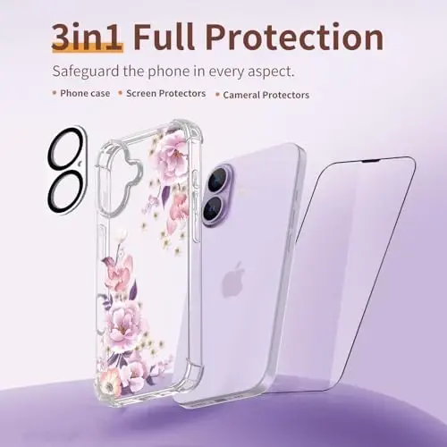 iPhone 17 Kılıfı için ilnehc, [3'ü 1 arada] Ekran Koruyucu ve Kamera Mercek Koruyuculu, Çiçek Desenli Tasarım, Kadınlar ve Kızlar İçin Şeffaf Yumuşak Darbeye Dayanıklı İnce Çiçekli Telefon Kapağı 2025 6,3