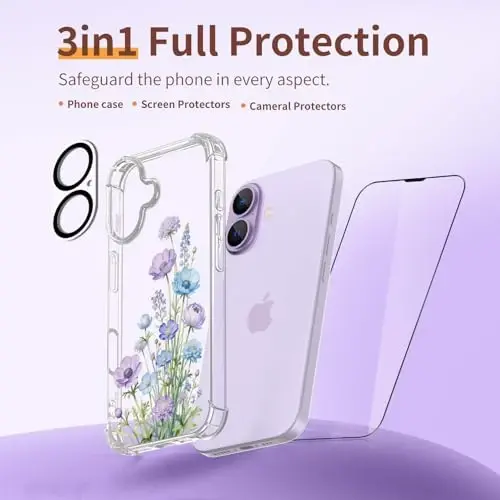 iPhone 17 Kılıfı için ilnehc, [3'ü 1 arada] Ekran Koruyucu ve Kamera Mercek Koruyuculu, Çiçek Desenli Tasarım, Kadınlar ve Kızlar İçin Şeffaf Yumuşak Darbeye Dayanıklı İnce Çiçekli Telefon Kılıfı 2025 6,3