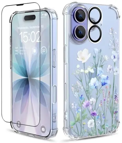 iPhone 17 Kılıfı için ilnehc, [3'ü 1 arada] Ekran Koruyucu ve Kamera Mercek Koruyuculu, Çiçek Desenli Tasarım, Kadınlar ve Kızlar İçin Şeffaf Yumuşak Darbeye Dayanıklı İnce Çiçekli Telefon Kılıfı 2025 6,3