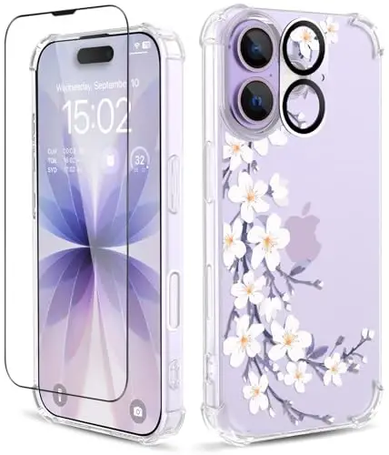 ilnehc for iPhone 17 Case,[3 in 1] with Screen Protector & Camera Lens Protector, Flower Pattern Design,Clear Soft Shockproof Slim Floral Phone Cover for Women Girls 2025 6.3