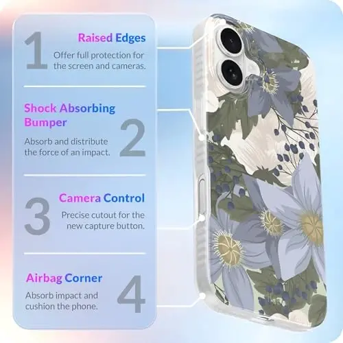 iPhone 17 Kılıfı için LONLI Hue - Safir Çiçek Açan Mavi Çiçek Darbeye Dayanıklı Manyetik Telefon Kılıfı - [Magsafe ile Uyumlu] - Zarif, Benzersiz ve Estetik - 5
