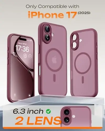 TOCOL for iPhone 17 Case, Full Camera Protection, Built-in Magnetic Ring, Compatible with Magsafe Charger, Drop Protection, Translucent Matte Phone Case for iPhone 17 6.3 inch (Plum) - 2