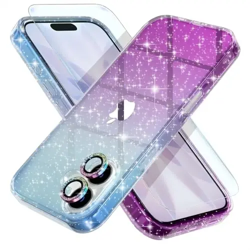Choiche Compatible for iPhone 17 Case, Women Cute Clear Glitter Bling Sparkly Case, [2 x Diamond Camera Lens Protectors] [2 x Tempered Glass Screen Protectors] 6.3-inch (Glitter Blue/Purple) - CHOICHE