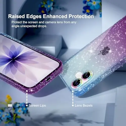 Choiche Compatible for iPhone 17 Case, Women Cute Clear Glitter Bling Sparkly Case, [2 x Diamond Camera Lens Protectors] [2 x Tempered Glass Screen Protectors] 6.3-inch (Glitter Blue/Purple) - 2
