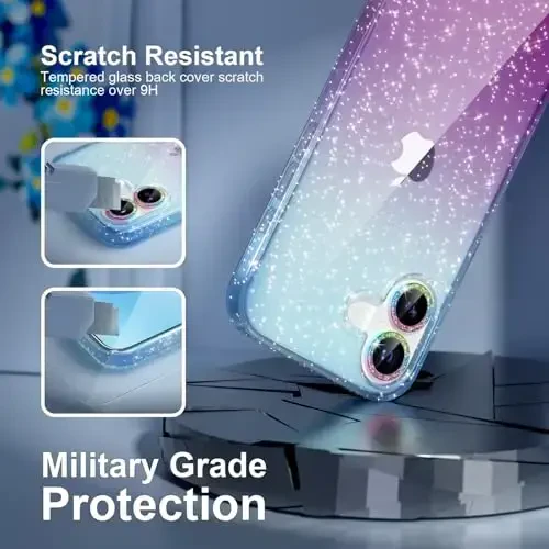 Choiche Compatible for iPhone 17 Case, Women Cute Clear Glitter Bling Sparkly Case, [2 x Diamond Camera Lens Protectors] [2 x Tempered Glass Screen Protectors] 6.3-inch (Glitter Blue/Purple) - 6