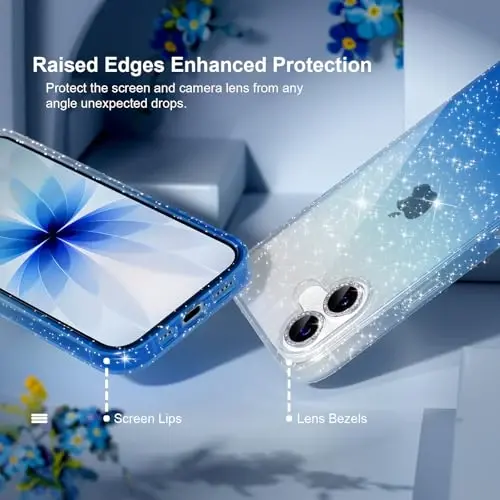 Choiche Compatible for iPhone 17 Case, Women Cute Clear Glitter Bling Sparkly Case, [2 x Diamond Camera Lens Protectors] [2 x Tempered Glass Screen Protectors] 6.3-inch (Glitter Clear/Blue) - CHOICHE (1)