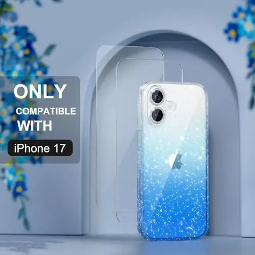 Choiche Compatible for iPhone 17 Case, Women Cute Clear Glitter Bling Sparkly Case, [2 x Diamond Camera Lens Protectors] [2 x Tempered Glass Screen Protectors] 6.3-inch (Glitter Clear/Blue) - 4