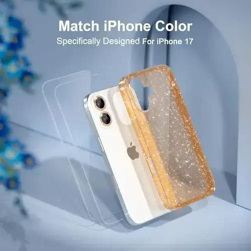 Choiche Compatible for iPhone 17 Case, Women Cute Clear Glitter Bling Sparkly Case, [2 x Diamond Camera Lens Protectors] [2 x Tempered Glass Screen Protectors] 6.3-inch (Glitter Gold) - 7