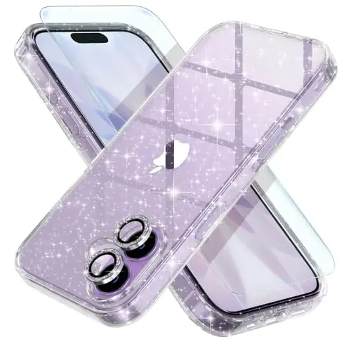 Choiche Compatible for iPhone 17 Case, Women Cute Clear Glitter Bling Sparkly Case, [2 x Diamond Camera Lens Protectors] [2 x Tempered Glass Screen Protectors] 6.3-inch (Glitter Clear) - 1