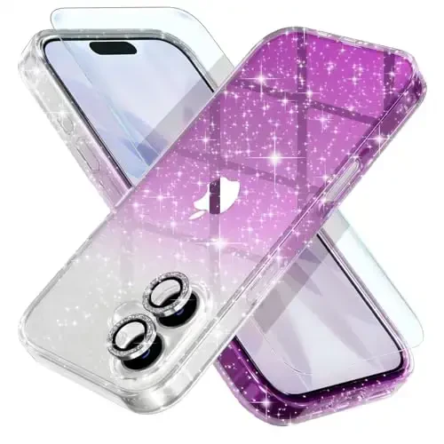 Choiche Compatible for iPhone 17 Case, Women Cute Clear Glitter Bling Sparkly Case, [2 x Diamond Camera Lens Protectors] [2 x Tempered Glass Screen Protectors] 6.3-inch (Glitter Clear/Purple) 