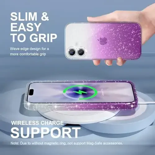 Choiche Compatible for iPhone 17 Case, Women Cute Clear Glitter Bling Sparkly Case, [2 x Diamond Camera Lens Protectors] [2 x Tempered Glass Screen Protectors] 6.3-inch (Glitter Clear/Purple) - 3