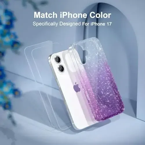 Choiche Compatible for iPhone 17 Case, Women Cute Clear Glitter Bling Sparkly Case, [2 x Diamond Camera Lens Protectors] [2 x Tempered Glass Screen Protectors] 6.3-inch (Glitter Clear/Purple) - 7