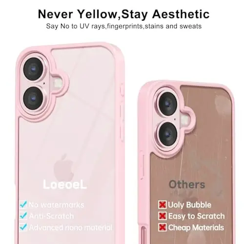 LoeoeL for iPhone 17 Case Clear, Transparent Hybrid iPhone 17 Phone Case [Hard Plastic & Soft Silicone Bumper] Acrylic Non Yellowing Thin Slim Protective Cover for Women, Light Pink - 4