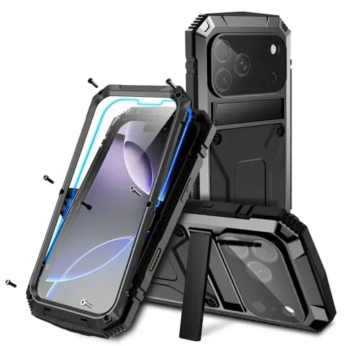 iPhone 17 Pro 6.3 dyuym uchun mos, o'ta chidamli [Alyuminiy stendli], harbiy darajadagi metall va rezina [O'rnatilgan ekran himoyachisi va kamera linzalari himoyasi bilan] telefon g'ilofi (, iPhone 17 Pro 6.3'' 2025 uchun mos) Qora 