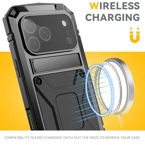 iPhone 17 Pro 6.3 dyuym uchun mos, o'ta chidamli [Alyuminiy stendli], harbiy darajadagi metall va rezina [O'rnatilgan ekran himoyachisi va kamera linzalari himoyasi bilan] telefon g'ilofi (, iPhone 17 Pro 6.3'' 2025 uchun mos) Qora - 2