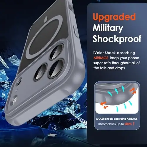 ivoler Magnetic Case for iPhone 17 Pro 6.3'' [Compatible with Magsafe] [15 FT Military Grade Protection] Magnetic Charger Case Bumper for, Frosted Translucent Back for iPhone17 Pro- Gray - 5