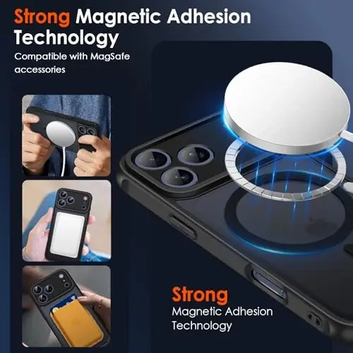 ivoler Magnetic Case for iPhone 17 Pro 6.3'' [Compatible with Magsafe] [15 FT Military Grade Protection] Magnetic Charger Case Bumper for, Frosted Translucent Back for 17 Pro Cover- Black - 4