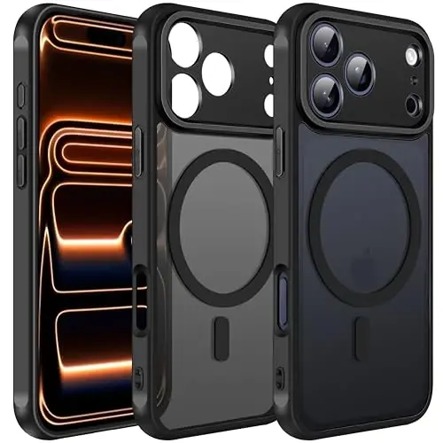ivoler Magnetic Case for iPhone 17 Pro 6.3'' [Compatible with Magsafe] [15 FT Military Grade Protection] Magnetic Charger Case Bumper for, Frosted Translucent Back for 17 Pro Cover- Black - 1