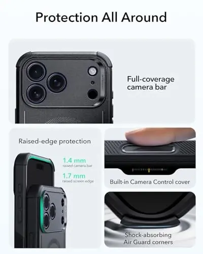 ESR for iPhone 17 Pro Case, 7X Military-Grade Drop Protection, Shock-Absorbing Rugged Cover with Camera Control Button, MagSafe Accessories Compatible, Cyber Series, Black - 4