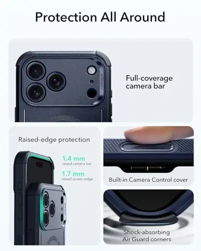 ESR for iPhone 17 Pro Case, 7X Military-Grade Drop Protection, Shock-Absorbing Rugged Cover with Camera Control Button, MagSafe Accessories Compatible, Cyber Series, Navy Blue - 4