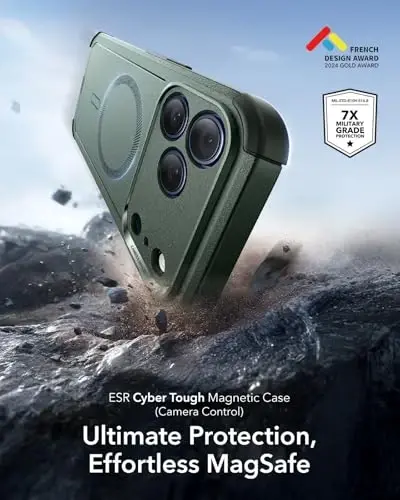 ESR for iPhone 17 Pro Case, 7X Military-Grade Drop Protection, Shock-Absorbing Rugged Cover with Camera Control Button, MagSafe Accessories Compatible, Cyber Series, Olive Green - 3
