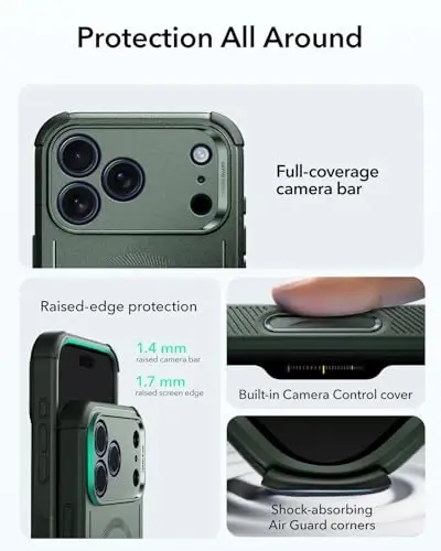 ESR for iPhone 17 Pro Case, 7X Military-Grade Drop Protection, Shock-Absorbing Rugged Cover with Camera Control Button, MagSafe Accessories Compatible, Cyber Series, Olive Green - 4