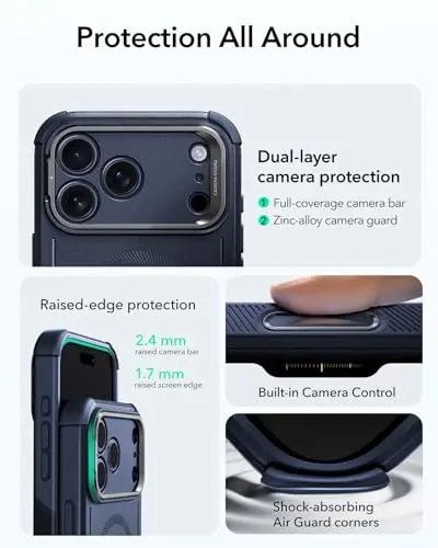 ESR for iPhone 17 Pro Case with Stash Stand, 7X Military-Grade Drop Protection with Camera Control, Shock-Absorbing Phone Rugged Cover, Compatible with MagSafe Accessories, Cyber Series, Blue - 4