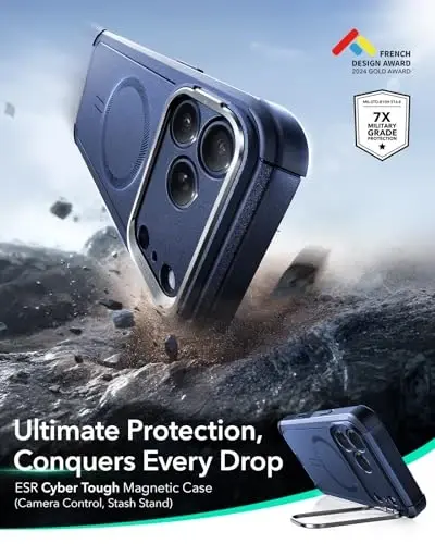 ESR for iPhone 17 Pro Case with Stash Stand, 7X Military-Grade Drop Protection with Camera Control, Shock-Absorbing Phone Rugged Cover, Compatible with MagSafe Accessories, Cyber Series, Blue - 3