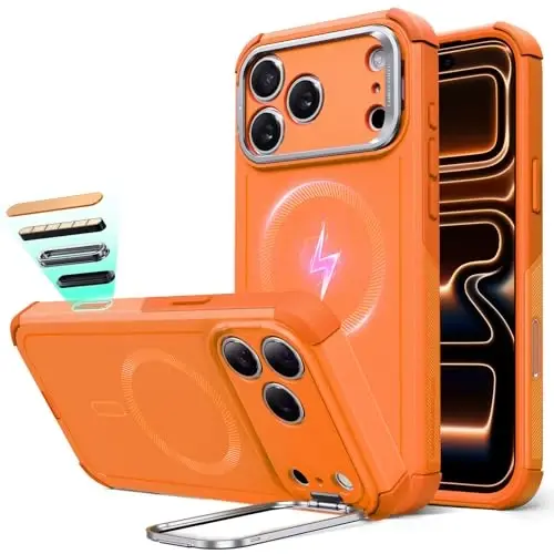 ESR for iPhone 17 Pro Case with Stash Stand, 7X Military-Grade Drop Protection with Camera Control, Shock-Absorbing Phone Rugged Cover, Compatible with MagSafe Accessories, Cyber Series, Orange - 1