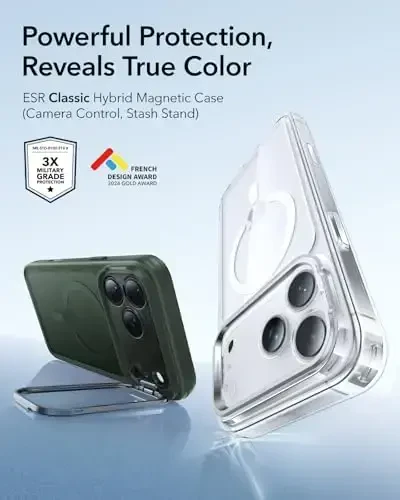 ESR for iPhone 17 Pro Case with Stash Stand, Camera Control Cover Compatible with MagSafe, Military-Grade Drop Protection Magnetic Phone Case, Scratch-Resistant Back Cover, Frosted Green - 5