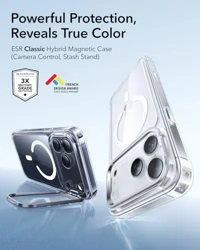 ESR for iPhone 17 Pro Case with Stash Stand, Camera Control Cover Compatible with MagSafe, Military-Grade Drop Protection Magnetic Phone Case for iPhone 17 Pro, Scratch-Resistant Back Cover, Clear - 5