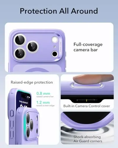 ESR for iPhone 17 Pro Case, Camera Control, Compatible with MagSafe, Shockproof Military-Grade Protection, Magnetic Phone Case for iPhone 17 Pro, Classic Hybrid Case, Frosted Purple - 3
