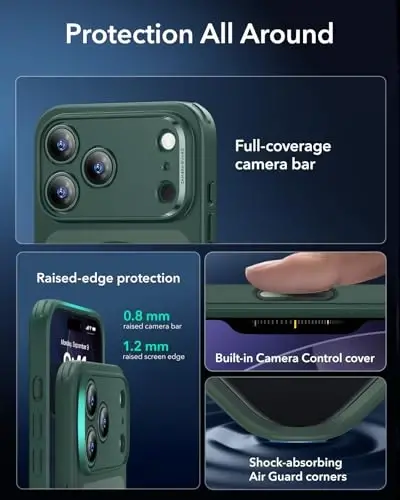 ESR for iPhone 17 Pro Case, Camera Control, Compatible with MagSafe, Shockproof Military-Grade Protection, Magnetic Phone Case for iPhone 17 Pro, Classic Hybrid Case, Frosted Green - 3