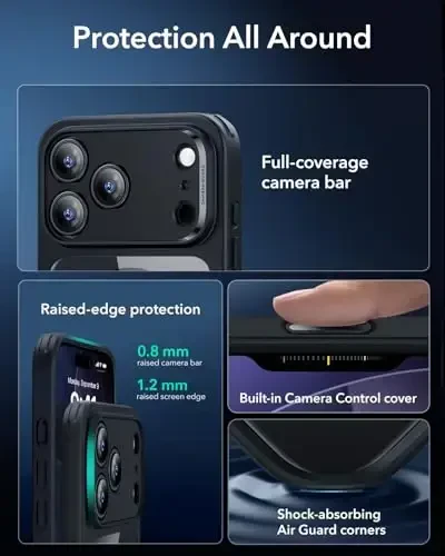 ESR for iPhone 17 Pro Case, Camera Control, Compatible with MagSafe, Shockof Military-Grade tection, Magnetic Phone Case for iPhone 17 Pro, Classic Hybrid Case, Clear Black - 3