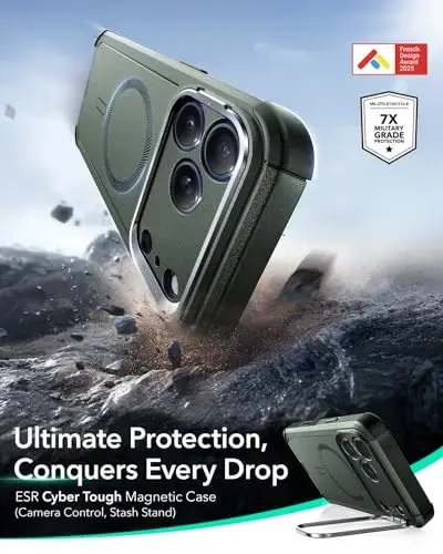 ESR for iPhone 17 Pro Case with Stash Stand, 7X Military-Grade Drop Protection with Camera Control, Shock-Absorbing Phone Rugged Cover, Compatible with MagSafe Accessories, Cyber Series, Green - 1