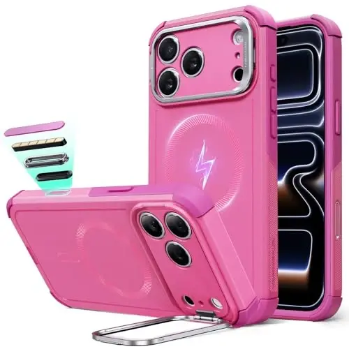 ESR for iPhone 17 Pro Case with Stash Stand, 7X Military-Grade Drop Protection with Camera Control, Shock-Absorbing Phone Rugged Cover, Compatible with MagSafe Accessories, Cyber Series, Pink - 2